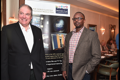 British Film Commission CEO Adrian Wootton and director in the film and TV department of Saffery Champness, Moses Nyachae.